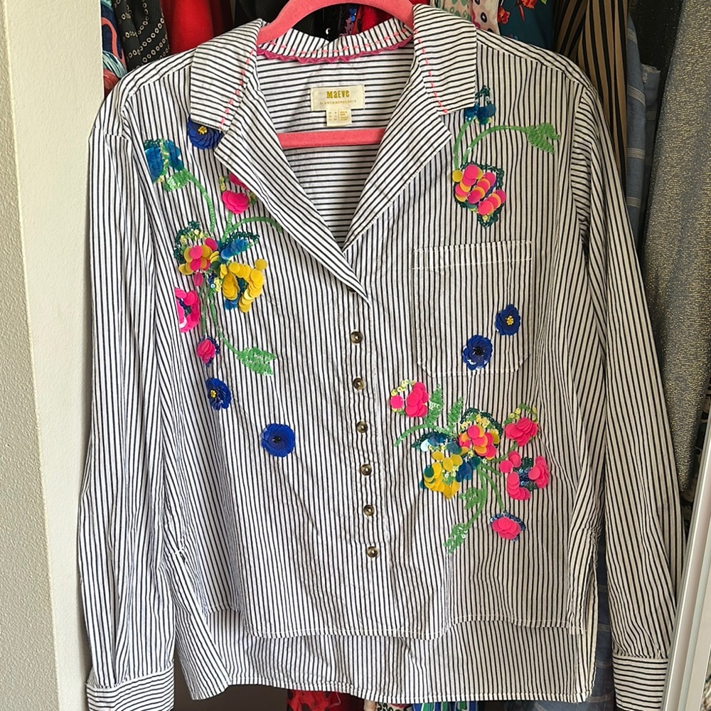 Maeve Striped Blouse with Floral Embroidery